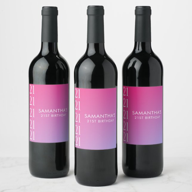 Trendig Modern Djärv Rosa Gradient 21-årsdag Vinflaska Etikett (Flaskor)
