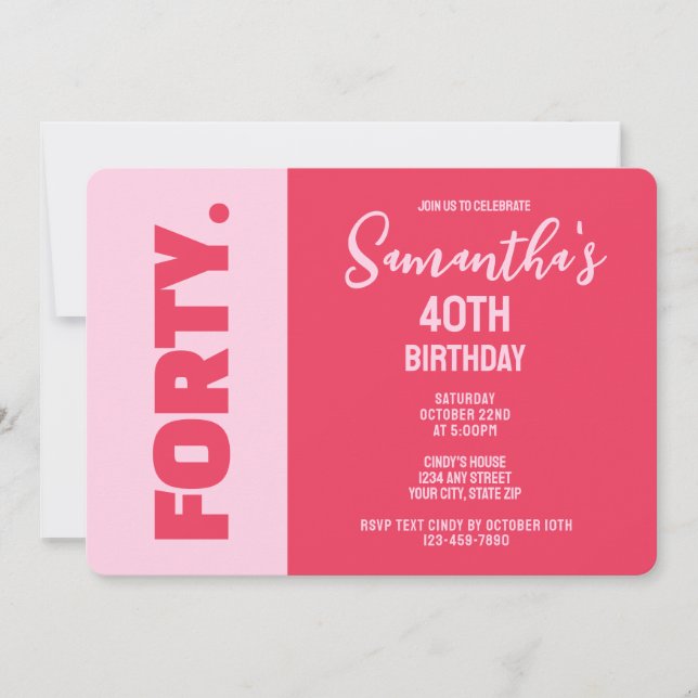 Trendig Modern Djärv Rosa & Röd 40-årsdag Inbjudningar (Framsida)