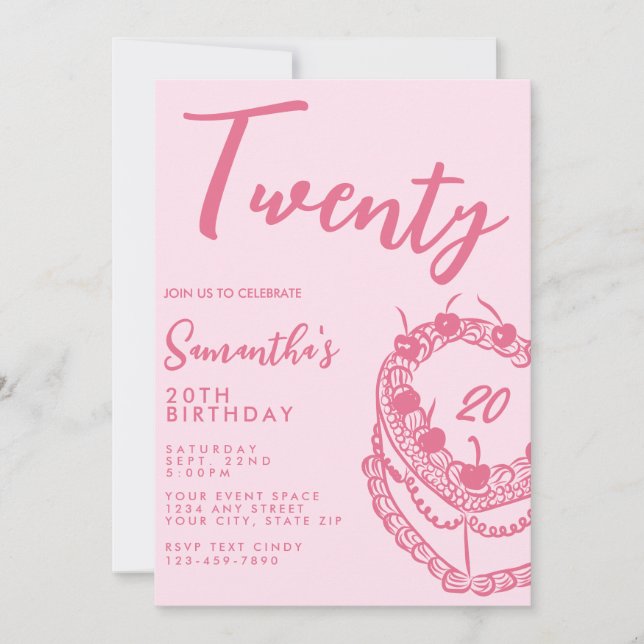 Trendig Modern Enkel Rosa 20-årsfest Inbjudningar (Framsida)
