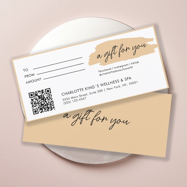 Trendig, modern, handskrift, med fyrställig kod, b (Personalized, trendy, modern, handwriting, with qr-code, beige gift certificate.)