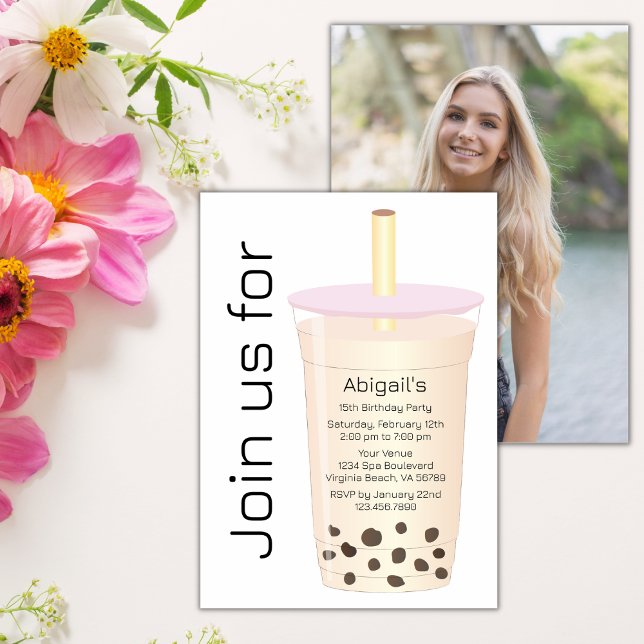 Trendig Modern Light Cream Mjölk Boba Tea Birthday Inbjudningar (Skapare uppladdad)