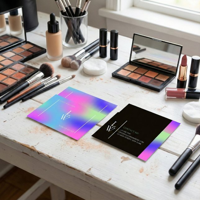 Trendig Modern Makeup Artist Colorful Gradient Visitkort (Makeup Artist Branding – Pastel Holographic Gradient, Modern Monogram, Two-Sided)