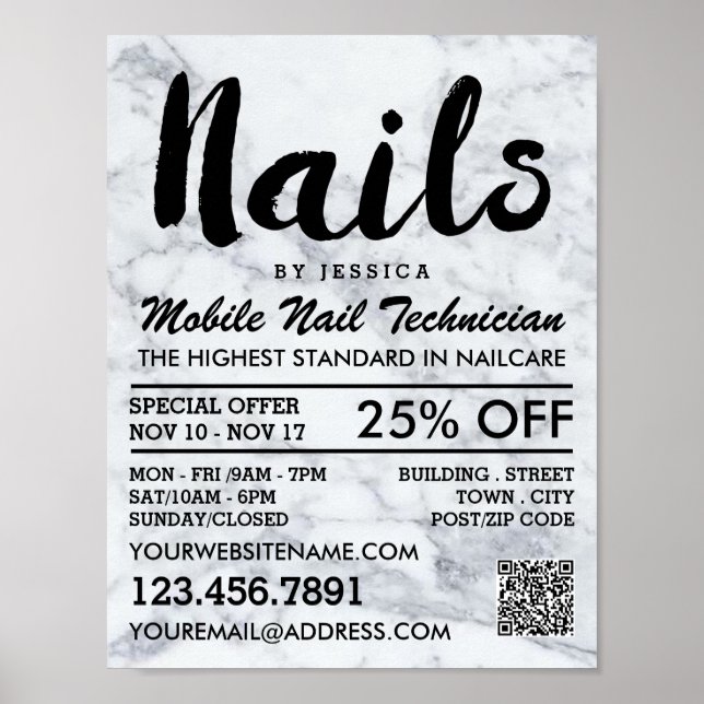 Trendig Modern Marble Nail Technician, Nail Salon Poster (Framsidan)