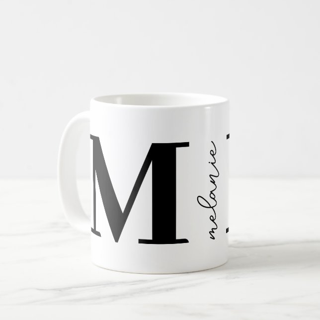 Trendig Modern Monogram Namn Svartvit kaffe Mugg (Framsida vänster)