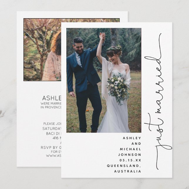 Trendig Modern Nygift Mottagning Endast 2 Foto Inbjudningar (Fram/baksida)