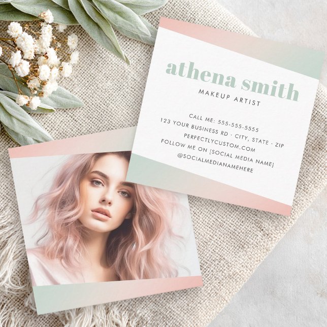 Trendig modern rosa mintgrön gradientfoto fyrkantigt visitkort (Trendy modern pink mint green gradient photo square business card)