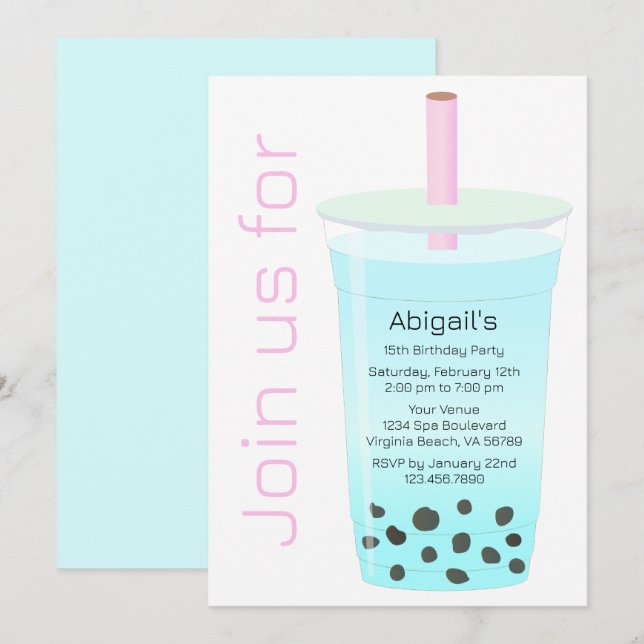 Trendig Modern Rosa och Blue Boba Tea Birthday Inbjudningar (Fram/baksida)
