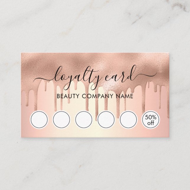 Trendig modern roséguld glimmer-dryp Loyalty Card Visitkort (Framsida)