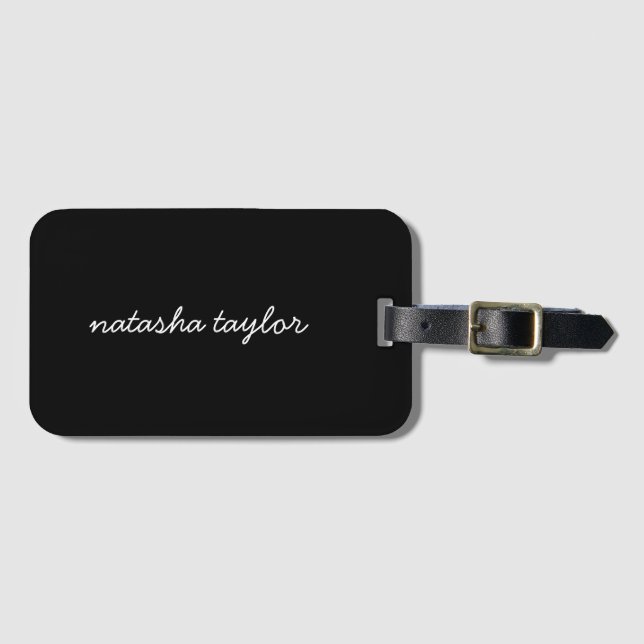 Trendig Modern Solid Black Script Monogram Bagagebricka (Framsida horisontal)