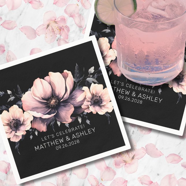 Trendig Modern Svart Rosa Blommig Bröllop Pappersservett (Trendy Chic Modern Floral Black Pink Wedding Napkins)