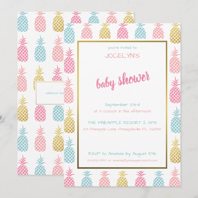 Trendig Modern Tropisk Ananas Baby Shower Inbjudningar (Fram/baksida)