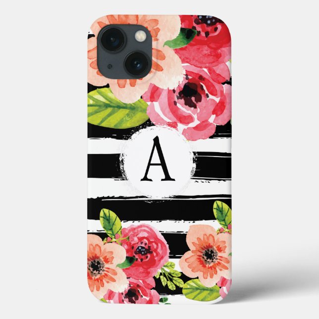 Trendig Monogram Black White Rand Flowers Fodral (Baksida)