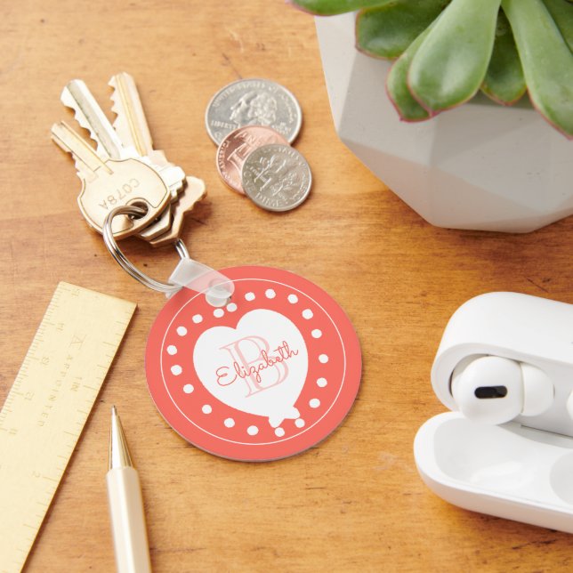 Trendig Monogram Coral White Heart Nyckelring (Skrivbord)