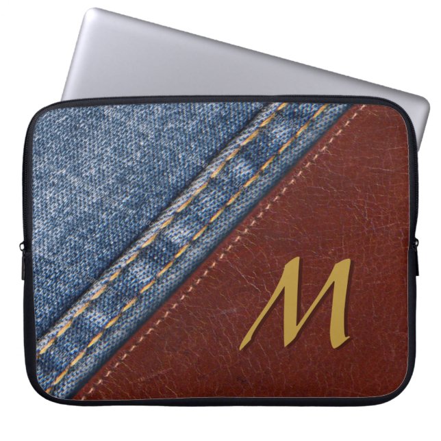 Trendig Monogram Denim och läder Laptop Sleeve (Framsidan)
