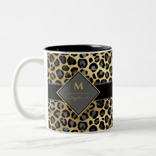Trendig Monogram Leopardtryck   Svart Grå & Guld Två-Tonad Mugg