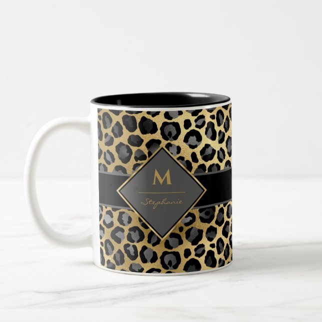 Trendig Monogram Leopardtryck | Svart Grå & Guld Två-Tonad Mugg (Vänster)