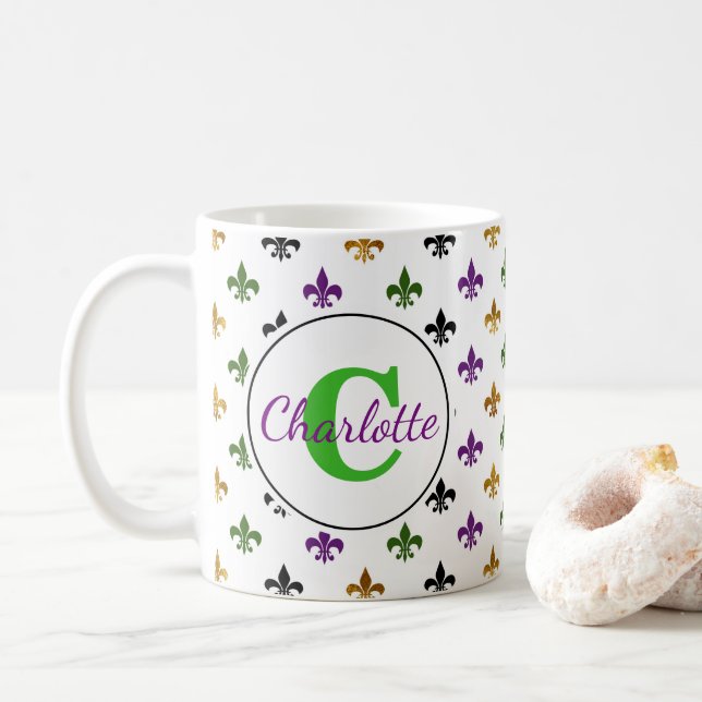 Trendig Monogram Mardi Gras Fleur De Lis Kaffemugg (Med munk)
