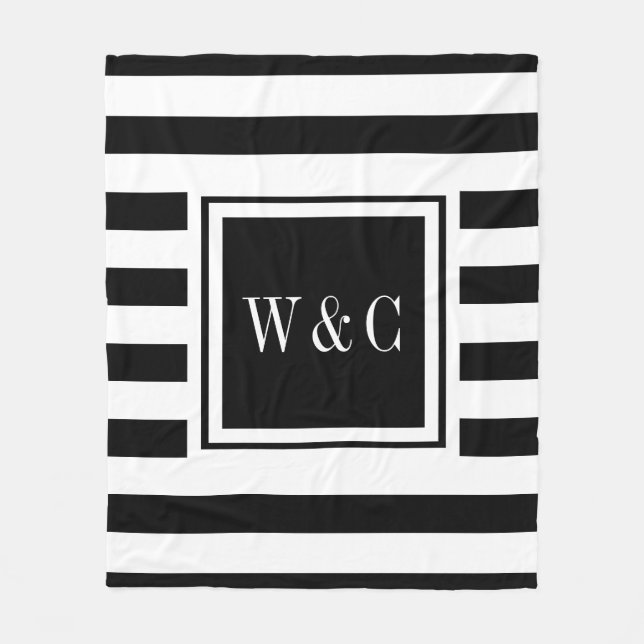 Trendig Monogram Modern Black White Rand Fleecefilt (Framsidan)