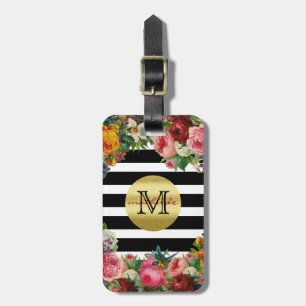 Trendig Monogram Rand Ro Flowers Guld Glitter Bagagebricka