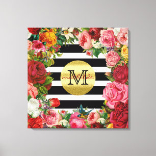 Trendig Monogram Rand Ro Flowers Guld Glitter Canvastryck