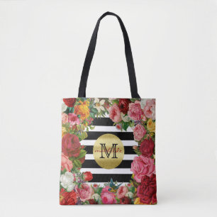Trendig Monogram Rand Ro Flowers Guld Glitter Tygkasse