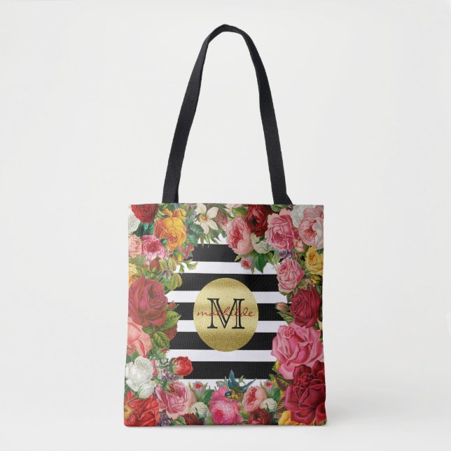 Trendig Monogram Rand Ro Flowers Guld Glitter Tygkasse (Framsida)
