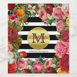 Trendig Monogram Rand Ro Flowers Guld Glitter Vinflaska Etikett