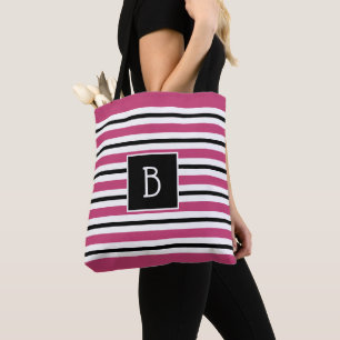 Trendig monogram rosa, svart & vit rand tygkasse