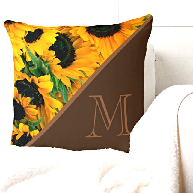 Trendig Monogram Solblommor Brown Guld Kudde (Skapare uppladdad)