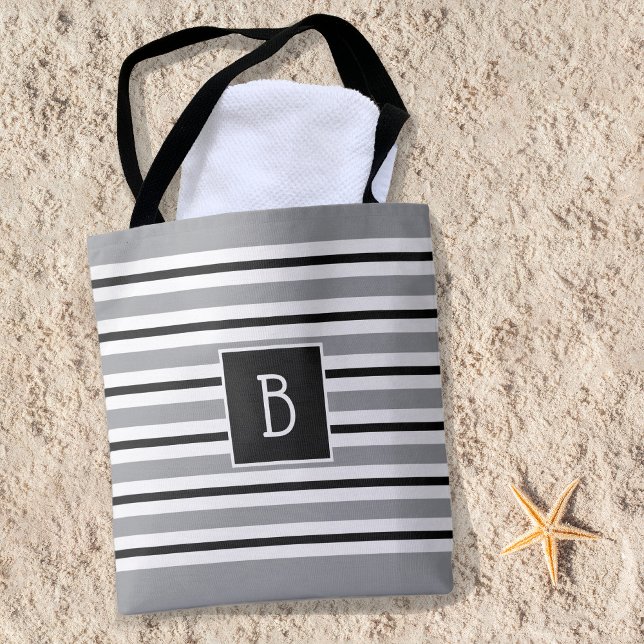 Trendig Monogrammed Initial Grått Black White Rand Tygkasse (Skapare uppladdad)