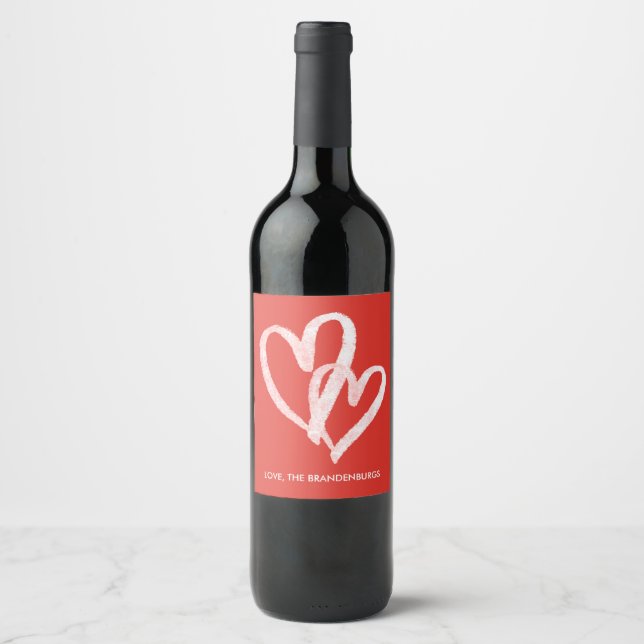 Trendig Monogrammed Red Hearts Valentines Vin Labe Vinflaska Etikett (Framsida)