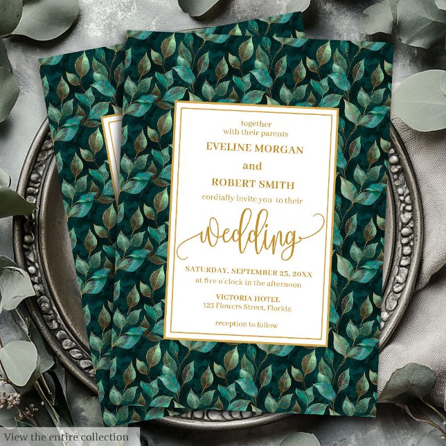Trendig Mörk grönt Guld Eucalyptus-Bröllopsinbjudn Inbjudningar (Trendy Dark Green Gold Eucalyptus Wedding Invitation)