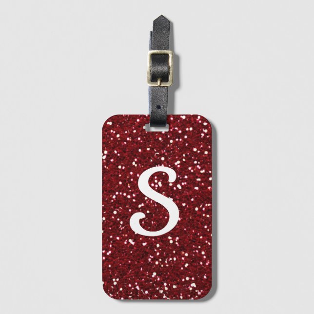 Trendig Mörk Red Glitter Monogram Initial Bagagebricka (Framsida vertikal)