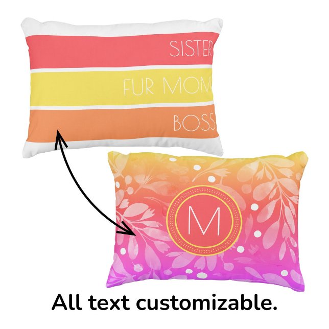 Trendig Mors dag Typografi och Blommigt Prydnadskudde (Customizable Mother's Day pillow in coral, yellow and orange. Personalize with initial and text.)