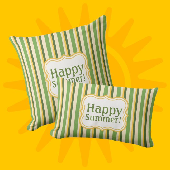 Trendig Mustard Gult, Grönt och Cream Stripe Kudde (Be Happy! Or personalize it!)
