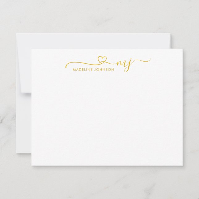 Trendig Mustard Gult Heart-skript Namn Monogram Anteckningskort (Framsida)