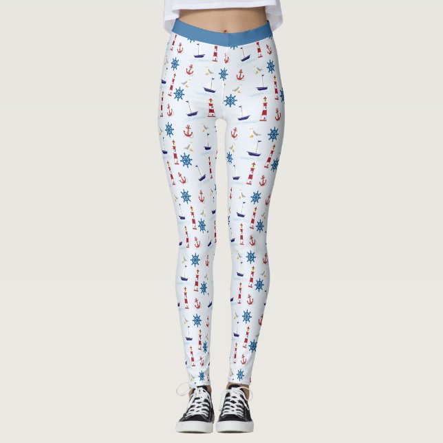 Trendig Nautical Lighthouse Sailboat Yoga Leggings (Framsida)