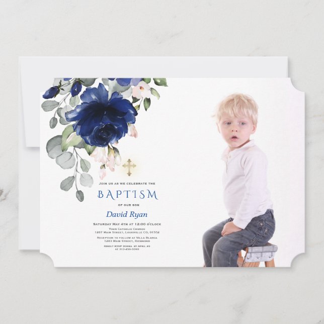 Trendig Navy Blue Blommigt Boy Photo Guld Baptism Inbjudningar (Framsida)