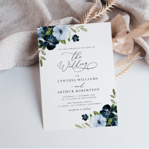 Trendig Navy och light blue blommigt script bröllo Inbjudningar