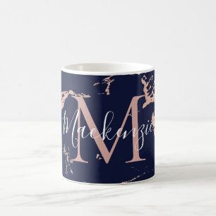Trendig Navy och Ro Gold Foil Marble Monogram Kaffemugg