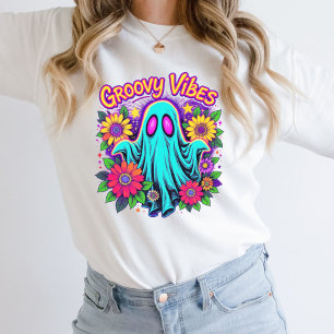 Trendig Neon Blommig Retro Spöke Groovy Halloween T Shirt