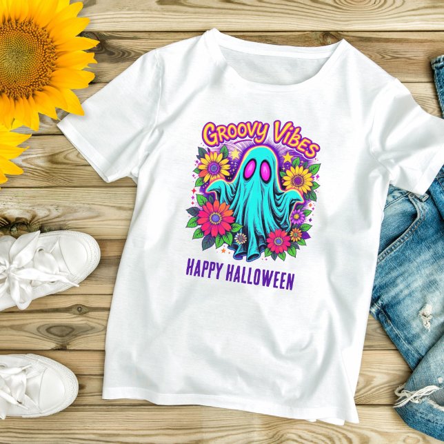 Trendig Neon Blommigt Retro Ghost Groovy Halloween T Shirt (Neon Colors Florals Groovy Vibes Halloween Ghost T-shirt for her. Available in many colors  sizes)