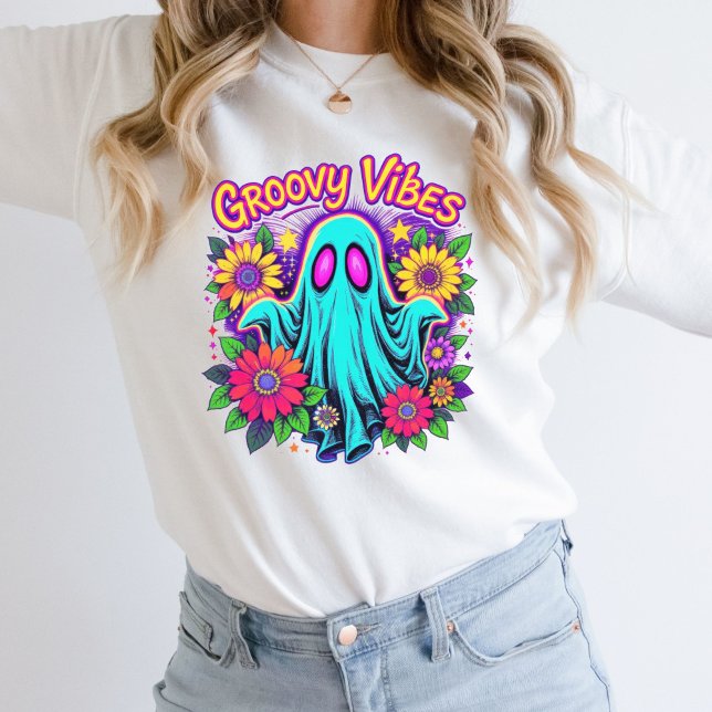 Trendig Neon Blommigt Retro Ghost Groovy Halloween T Shirt (Trendy Retro Neon Colors Florals Halloween Ghost Groovy Vibes Sweatshirt Her)