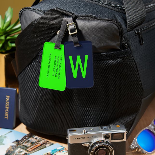 Trendig Neon Grönt Monogram Bagagebricka (Fram & Baksida)