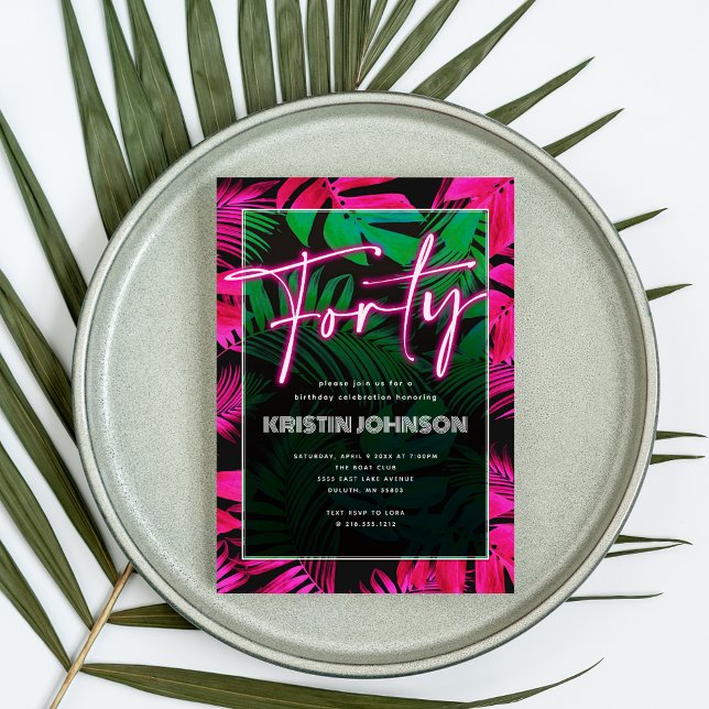 Trendig Neon Rosa Tropical 40: e födelsedagen Inbjudningar (Skapare uppladdad)