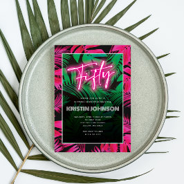 Trendig neonrosa tropisk 50-årsfest inbjudningar