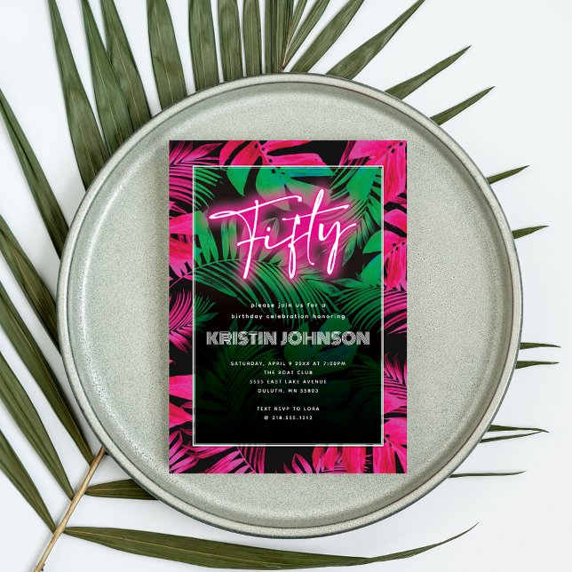 Trendig neonrosa tropisk 50-årsfest inbjudningar (Skapare uppladdad)