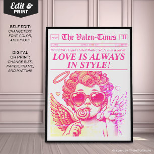Trendig Newspaper Art Print, Rosa Cupid Wall Art Poster