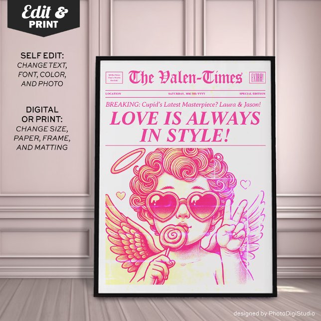 Trendig Newspaper Art Print, Rosa Cupid Wall Art Poster (Personalized Trendy Newspaper Art Print, Pink Cupid Wall Art, Love is Always in Style)