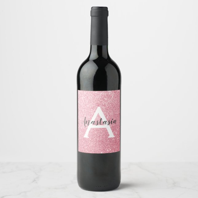 Trendig och chic rosa guld glitter gnist monogram vinflaska etikett (Framsida)